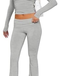 M_Eshop 2 Piece Set Women Outfit Lounge Sets Skims Long Sleeve Top And Flare Leggings Fold Over Yoga Pants Pajamas Set