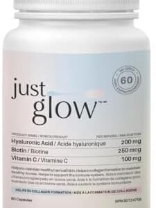 Just Glow Hyaluronic Acid 200mg with Vitamin C and Biotin - 60 Vegan Capsules for Collagen Formation, Immune System Support, Skin & Joint Health - Made in Canada