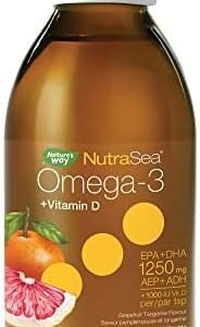 Nature's Way NutraSea Omega-3 and Vitamin D Supplement - Fish Oil with 1250mg EPA and DHA, 1000 IU Vitamin D3 – Support Healthy Heart and Brain, Help Build Strong Bones and Teeth & Help Support Immune System - Grapefruit Tangerine Flavour, 200 mL Liquid