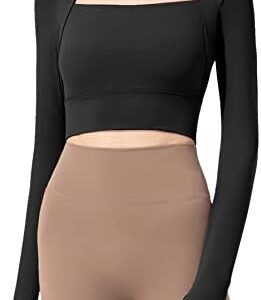 FEOYA Women's Cutout Workout Crop Top Padded Long Sleeve Halter Sports Bra Top 2-in-1 Yoga Gym Shirts with Thumbhole
