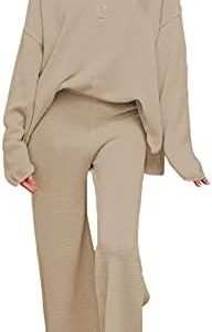Pink Queen Women's 2 Piece Outfit Set Long Sleeve Button Knit Pullover Sweater Top and Wide Leg Pants Sweatsuit