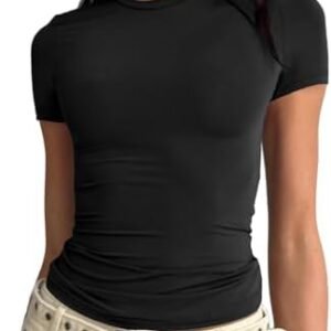 LACOZY Women's Basic Solid Crop Tops Short Sleeve Round Neck Shirt Workout Slim Fit T-Shirt Y2K