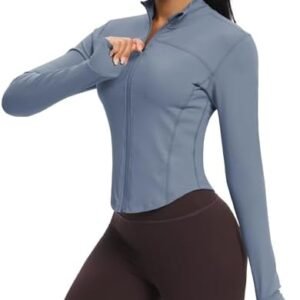 QUEENIEKE Workout Running Jackets for Women Zip Up Athletic Yoga Cropped Tops with Thumb Holes