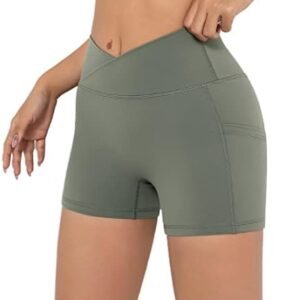 Darkterror Workout Shorts Women Spandex High Crossover Waist Gym Athletic Yoga Running with Pockets