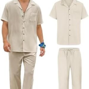 Eyoupeer Men's Linen sets 4 Piece Outfits Beach Button Down Shirt Casual Loose Pant Sets With Hat and Scarf