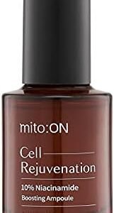 Mito-on Cell Rejuvenation 10% Niacinamide Boosting Ampoule, vitamin b3 serum, anti aging skin care for clear complexion, skin texture, wrinkle reduction, restoration of elasticity with antioxidants