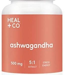 HEAL + CO. Ashwagandha Supplement | High Potency 5:1 extract, 5000mg per serving | Stress + Energy Support | 120 x 500 mg Capsules