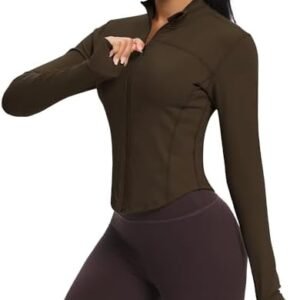 QUEENIEKE Workout Running Jackets for Women Zip Up Athletic Yoga Cropped Tops with Thumb Holes
