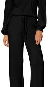 PRETTYGARDEN Womens 2023 Fall Clothes Two Piece Outfit Set Long Sleeve Lapel V Neck Tops Blouses Wide Leg Pants Tracksuit