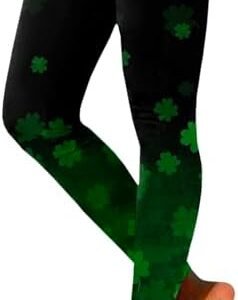 St.Patrick's Day Irish Green Shamrock Yoga Pants for Women Butt Lifting Clover Leaves Butt Scrunch Leggings Workout, Black, Large