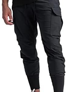 DIOTSR Men's High Ribbed Cargo Workout Jogger Pants Stretchy Running Gym Pants with Zipper Pockets