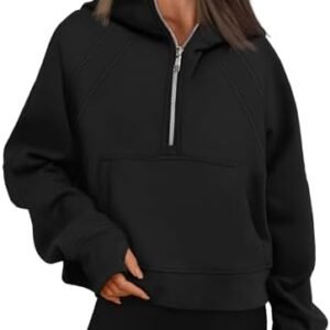 Cuptacc Sweatshirts for Women Half Zip Cropped Women Hoodies Pullover Thumb Hole Tops with Pockets