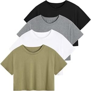 Cosy Pyro 4-Pack Women's Cotton Crop T-Shirts Short Sleeve Solid Cropped Athletic Top Round Neck Casual Workout Yoga Tees