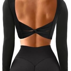 OZICERD Workout Crop Tops for Women Long Sleeve Shirts Gym Clothes Top Sport Femme Backless Yoga Tops Black
