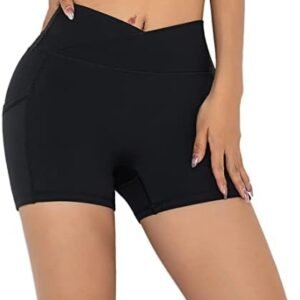 Darkterror Workout Shorts Women Spandex High Crossover Waist Gym Athletic Yoga Running with Pockets