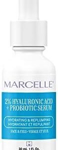 Marcelle 2% Hyaluronic Acid + Probiotic Serum for Face and Eyes, Hydrating & Plumping, Vegan, Cruelty-Free, Non-Comedogenic, Oil-Free, Fragrance-Free, Paraben-Free, Hypoallergenic, 30 mL