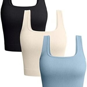 OQQ Women's 3 Piece Tank Tops Ribbed Seamless Workout Exercise Shirts Yoga Crop Tops