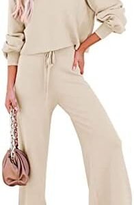 Pink Queen Women's 2 Piece Outfit Sweater Set Long Sleeve Crop Knit Top and Wide Leg Long Pants Sweatsuit
