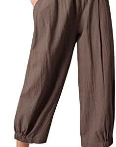Les umes Women's Cotton Casual Capri Pants Elastic Waist Solid Trouser Loose Baggy Harem Yoga Pants with Pockets