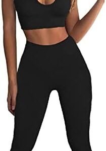JN JANPRINT Seamless Yoga Workout Set 2 Piece for Women Ribbed Exercise Outfits Sports Bra High Waist Leggings Gym Clothes