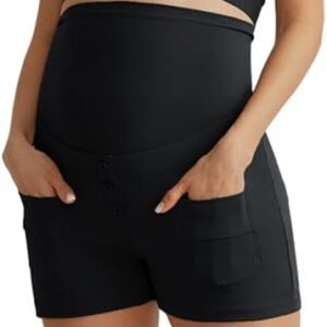Maacie Maternity Shorts for Work High Waisted Over The Belly Button Pockets Casual Stretchy Pants with Pockets