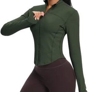 QUEENIEKE Workout Running Jackets for Women Zip Up Athletic Yoga Cropped Tops with Thumb Holes