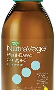 Nature's Way NutraVege Plant-based Omega 3 Supplement, Extra Strength Formula, Vegetarian, EPA + DHA from Algal Oil, Vegan, Lemon Flavour, 200 mL Liquid