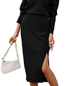 PRETTYGARDEN Women's 2023 Spring 2 Piece Tracksuit Winter Long Sleeve Turtleneck Ribbed Top And Midi Skirt Dress Sets