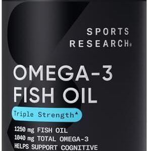 Sports Research Triple Strength Omega 3 Fish Oil - Burpless Fish Oil Supplement w/EPA & DHA Fatty Acids from Wild Alaskan Pollock - Heart, Brain & Immune Support for Men & Women - 1250 mg, 90 ct
