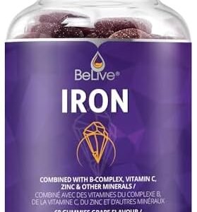 Iron Gummies Supplement with Vitamin C, A, Vitamins B Complex, Folate, Multivitamins for Women, Kids & Adults - Supports Energy, No After Taste, Vegan Supplements - Grape Flavor (60 Ct)