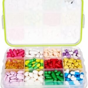 Fullicon Extra Large Pill Organizer with 12 Compartments, Large Travel Pill Box for Vitamin with 3 Secured Buckles, Daily Moisture Proof Pill Case with Removable Dividers (Clear Green)