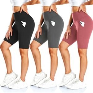 MOREFEEL 3 Pack Biker Shorts for Women with Pockets - 8" High Waist Tummy Control Workout Gym Yoga Running Summer Short Pants