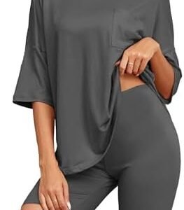 Famulily 2 Piece Outfits Biker Shorts Set for Women Short Sleeve Lounge Set Summer Crew Neck Drop Shoulder Top with Pocket