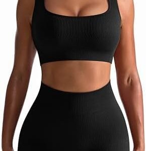 OQQ Workout Outfits for Women 2 Piece Seamless Ribbed High Waist Leggings with Sports Bra Exercise Set…, Black, Small