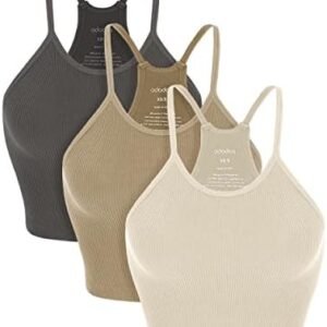 ODODOS Women's Crop 3-Pack Seamless Camisole Rib-Knit Strappy Racerback Cropped Tops
