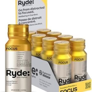 Ryde Focus Shot | Orange Flavor | 8 pack of 60 ml shots | Ginseng & L-Theanine | Caffeine | Zero Calories, Zero Sugar and Vegan