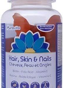 Puravita Hair Skin and Nails Vitamins - Biotin Gummies for Healthy and Glowing Hair Skin and Nails - Halal Multivitamins for Women and Men, Vitamin B7, Folic Acid, and Vitamin C - 60 Pectin Gummy