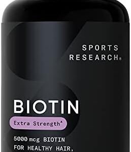 Sports Research Extra Strength Vegan Biotin 5000mcg with Organic Coconut Oil - Helps to Maintain Healthy Hair, Nails and Skin - Great for Women & Men - 120 Veggie Softgels