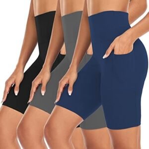 NEW YOUNG 3 Pack Biker Shorts for Women with Pockets High Waisted 8 inch Tummy Control Black Workout Yoga Short Pants