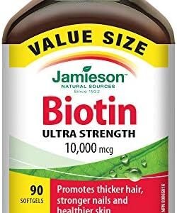 Jamieson Biotin 10,000 mcg Ultra Strength Softgels - Value Size, Gluten-free, 90 Count (Pack of 1)