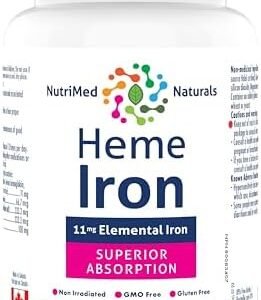 Nutrimed Naturals Heme Iron Supplement - 60 Capsules, 11mg Elemental Iron for Superior Absorption - Ideal Iron Supplements for Women, Formulated in Canada - 3rd Party Tested