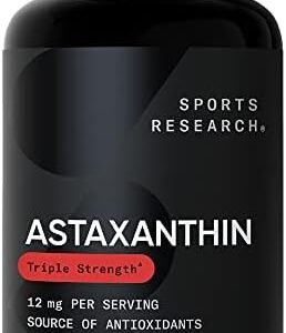 Sports Research Triple Strength Astaxanthin Supplement from Algae w/Organic Coconut Oil - Natural Support for Skin & Eye Health - Non-GMO & Gluten Free - 12mg, 60 Softgels for Adults - 2 Month Supply