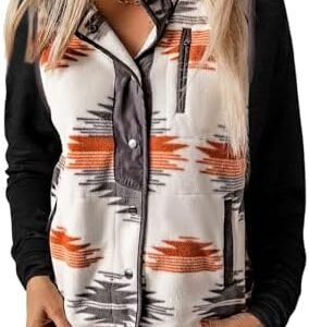 SELINK Womens Fleece Jacket Western Aztec Print Long Sleeve Snap Button Down Shacket Jackets with Pockets