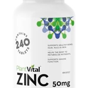 PlantVital Zinc Supplements 50mg (240 Count) - Immune Support, Healthy Bones, Hair, Nail and Skin with Zinc Gluconate 50mg - Made in Canada - Additive-Free - 240 Zinc Tablets