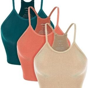 ODODOS Women's Crop 3-Pack Seamless Camisole Rib-Knit Strappy Racerback Cropped Tops