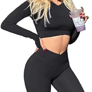 Danysu Naked Feeling Cross Waist 2 Piece Outfit Workout Sets for Women Scrunched Shorts Short Sleeve Crop Top Gym Clothes