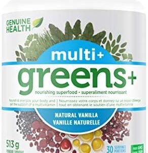 Genuine Health Greens+Multivitamin Superfood powder, Vanilla Flavour, 30 servings, Vitamin, mineral and superfood support to nourish and energize your body, Dairy and gluten-free