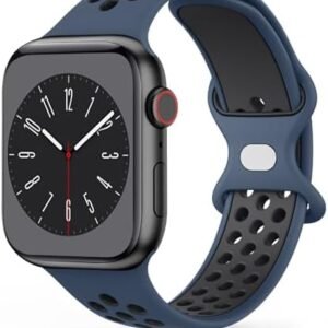 Mugust Sport Bands Compatible with for Apple Watch Band 38mm 42mm 40mm 44mm 41mm 45mm Women Men, Soft Silicone Breathable Replacement Straps Compatible with for iWatch SE Series 8 7 6 5 4 3 2 1 (42mm/44mm/45mm, Midnight Blue Black)