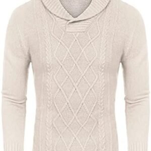 COOFANDY Men's Shawl Collar Sweaters V-Neck Relaxed Fit Cable Pullover
