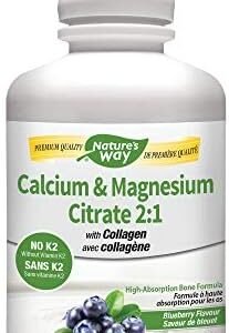 Nature's Way Calcium and Magnesium Citrate 2:1 - Liquid Supplement with Vitamin D3 and Collagen – Helps Support the Maintenance of Bones and Teeth – No Vitamin K2 - Blueberry Flavour, 500 mL